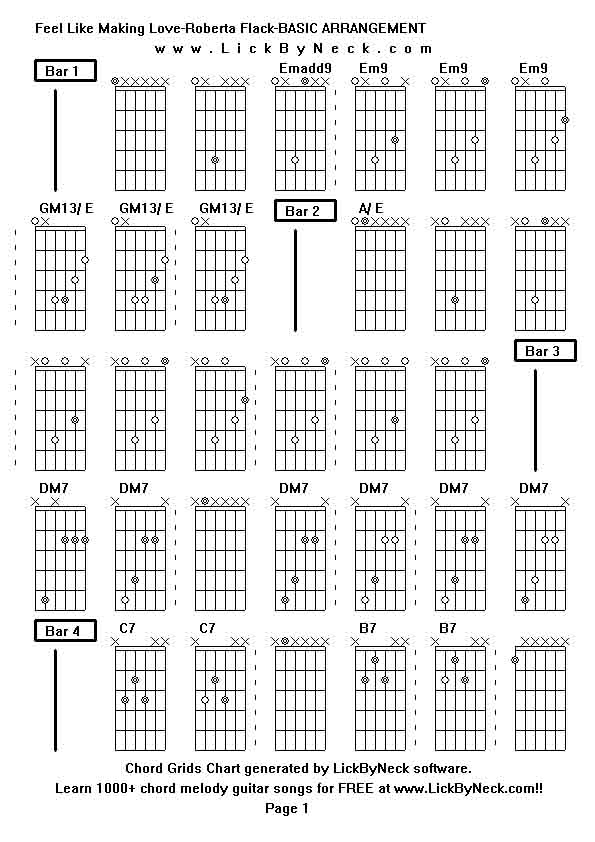 Chord Grids Chart of chord melody fingerstyle guitar song-Feel Like Making Love-Roberta Flack-BASIC ARRANGEMENT,generated by LickByNeck software.